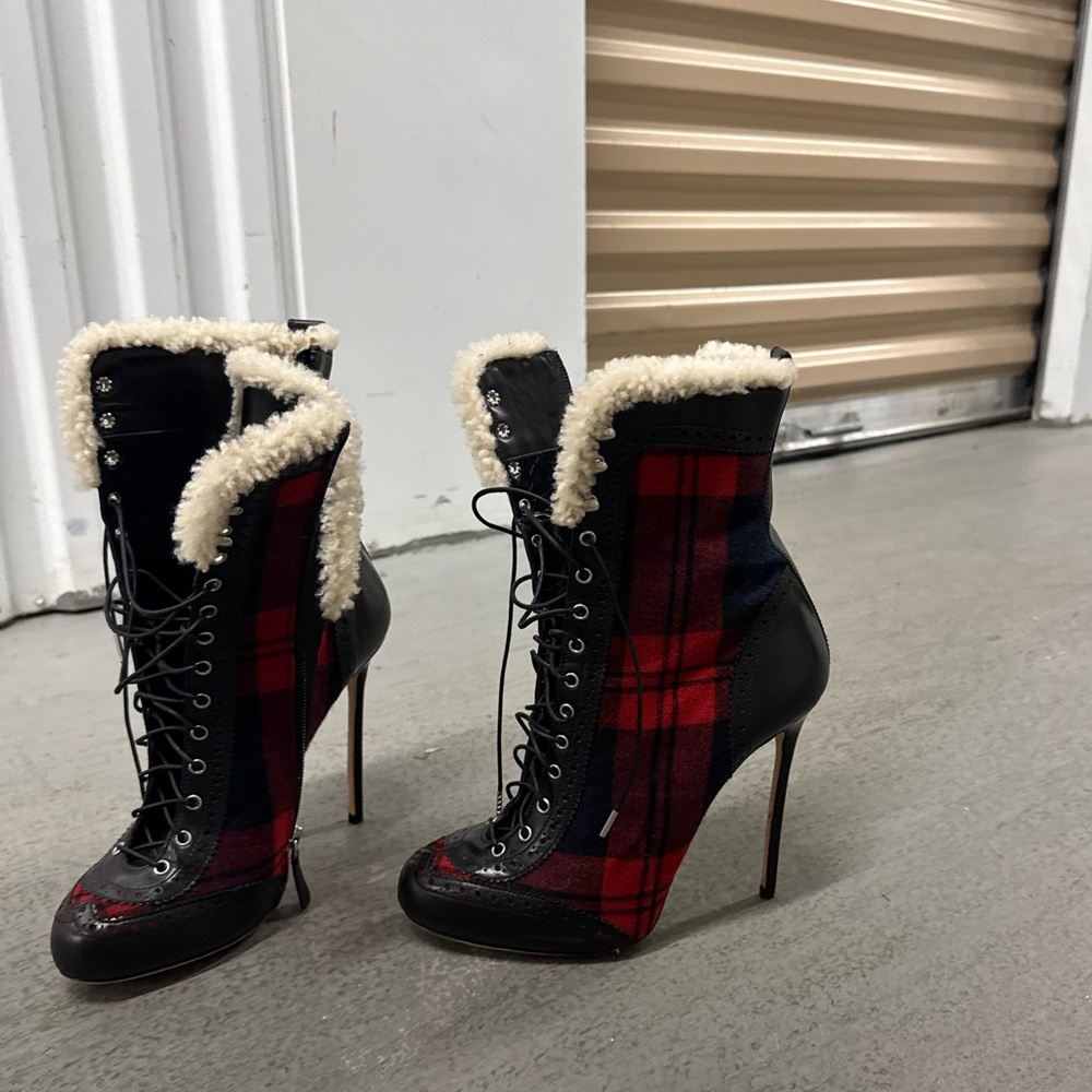 DSQUARED2 Women's Red Plaid High Heel Boots - Picture 2 of 3